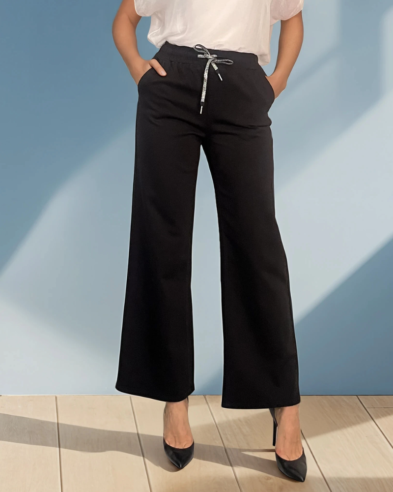 Pantaloni drepți bumbac cu șiret în talie negru JI370