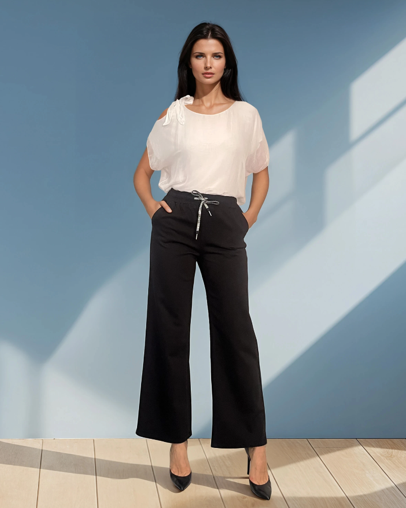 Pantaloni drepți bumbac cu șiret în talie negru JI370