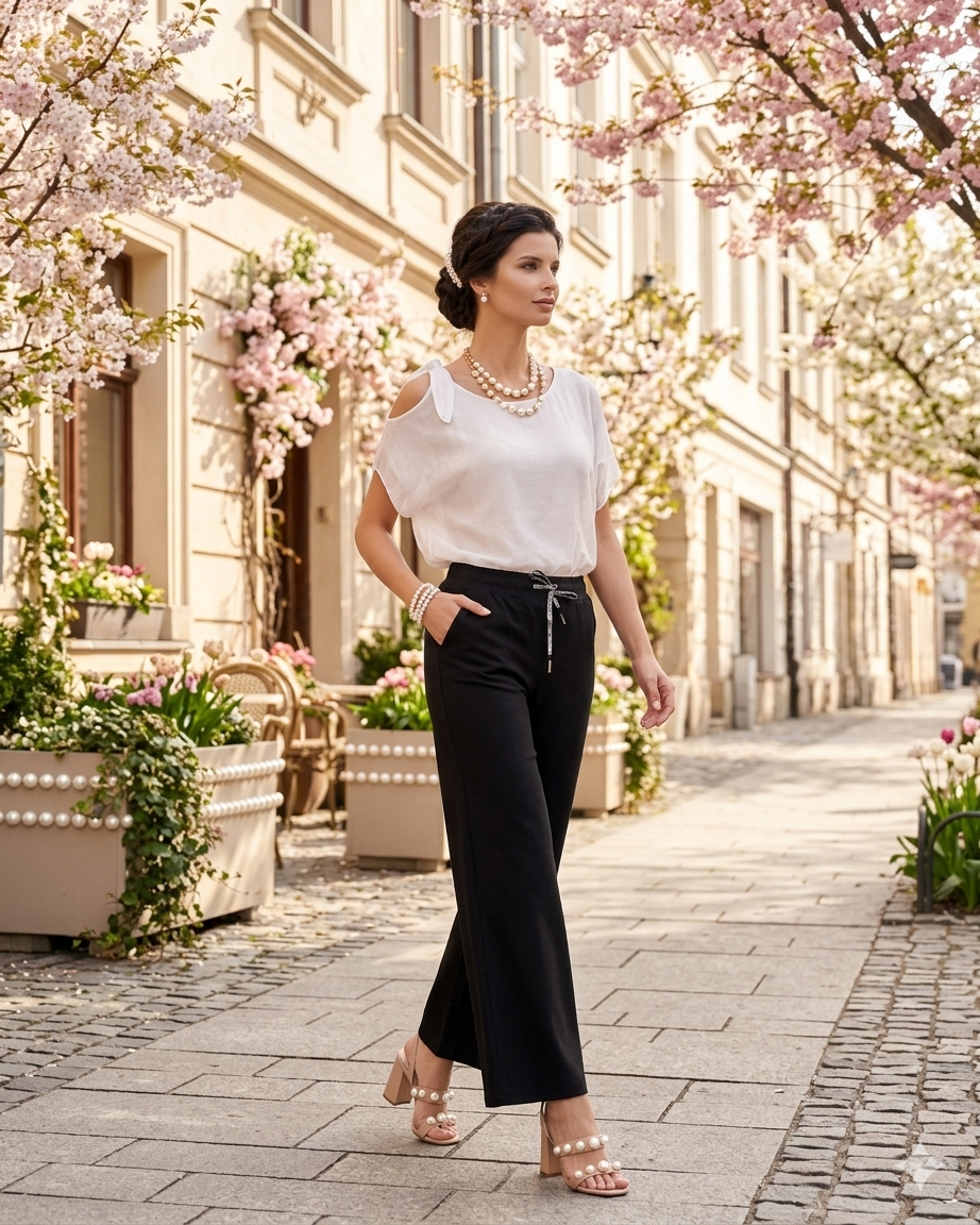 Pantaloni drepți bumbac cu șiret în talie negru JI370