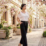 Pantaloni drepți bumbac cu șiret în talie negru JI370