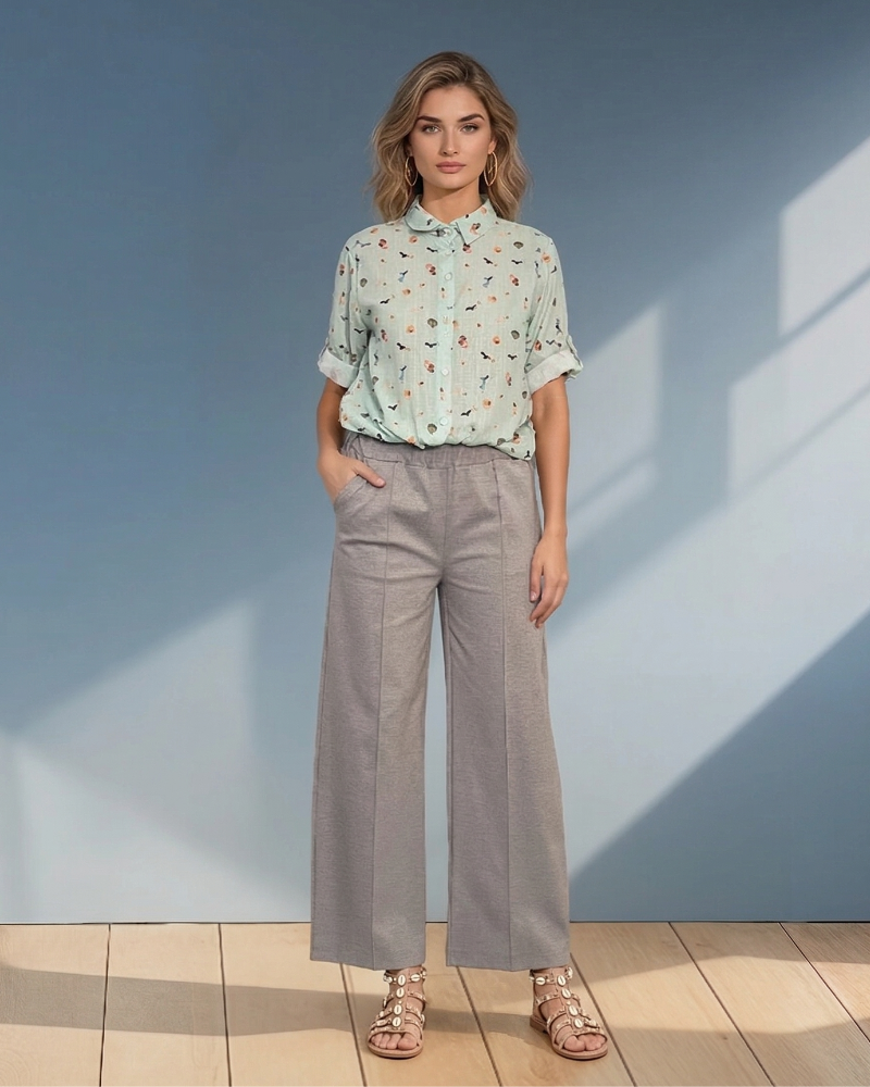 Pantaloni drepți cu dungă pe picior și buzunare gri HL038