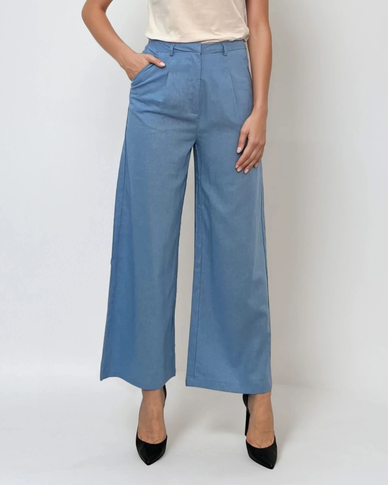 Pantaloni evazați cu fermoar și buzunare bleu 