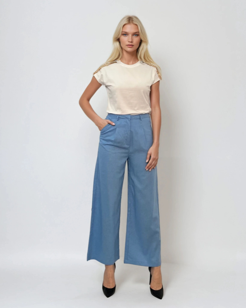 Pantaloni evazați cu fermoar și buzunare bleu 