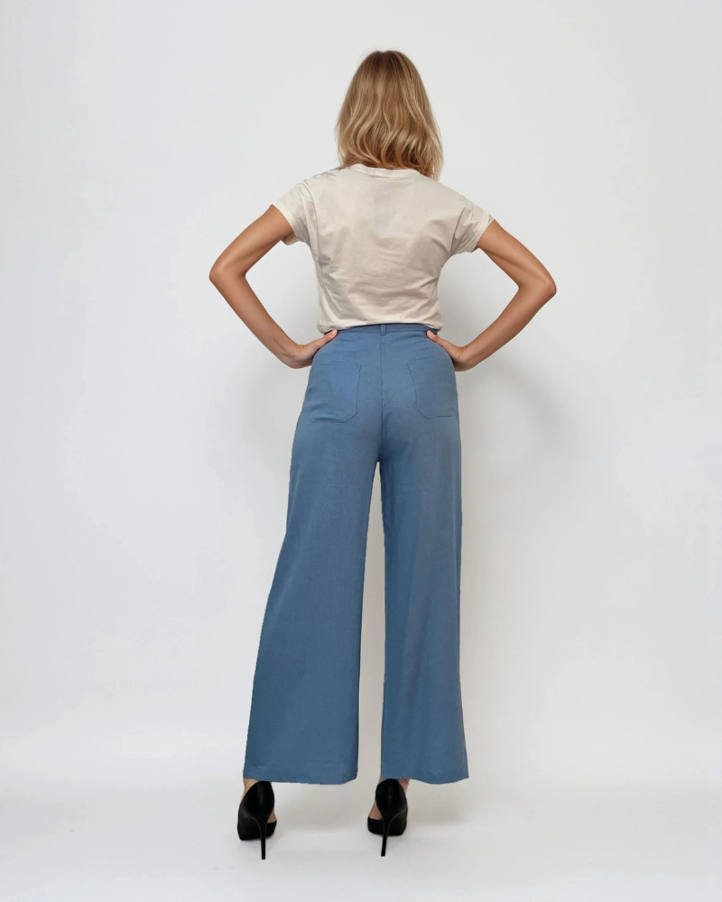 Pantaloni evazați cu fermoar și buzunare bleu 