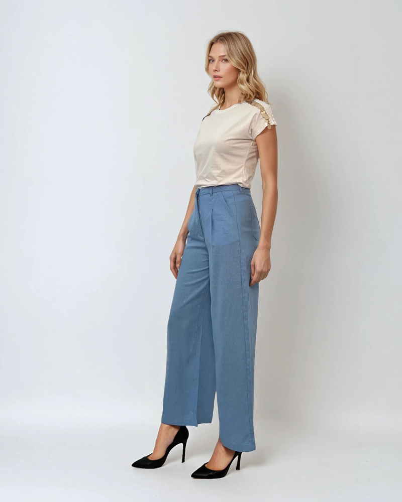Pantaloni evazați cu fermoar și buzunare bleu 