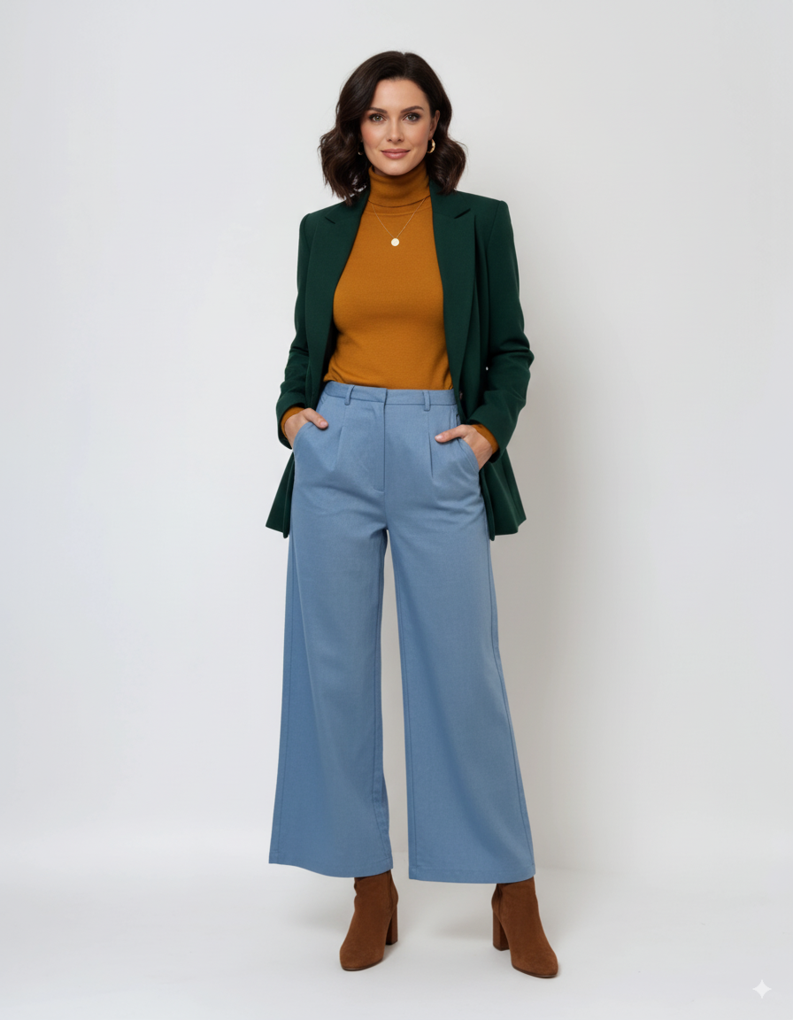 Pantaloni evazați cu fermoar și buzunare bleu 