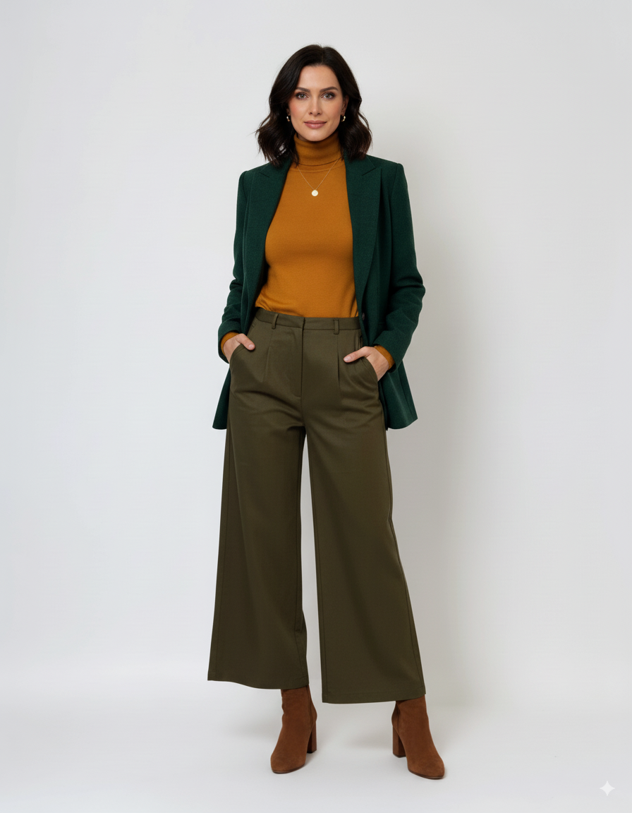 Pantaloni evazați cu fermoar și buzunare kaki 