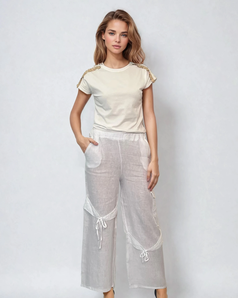 Pantaloni in cu legatura pe picior-Alb 