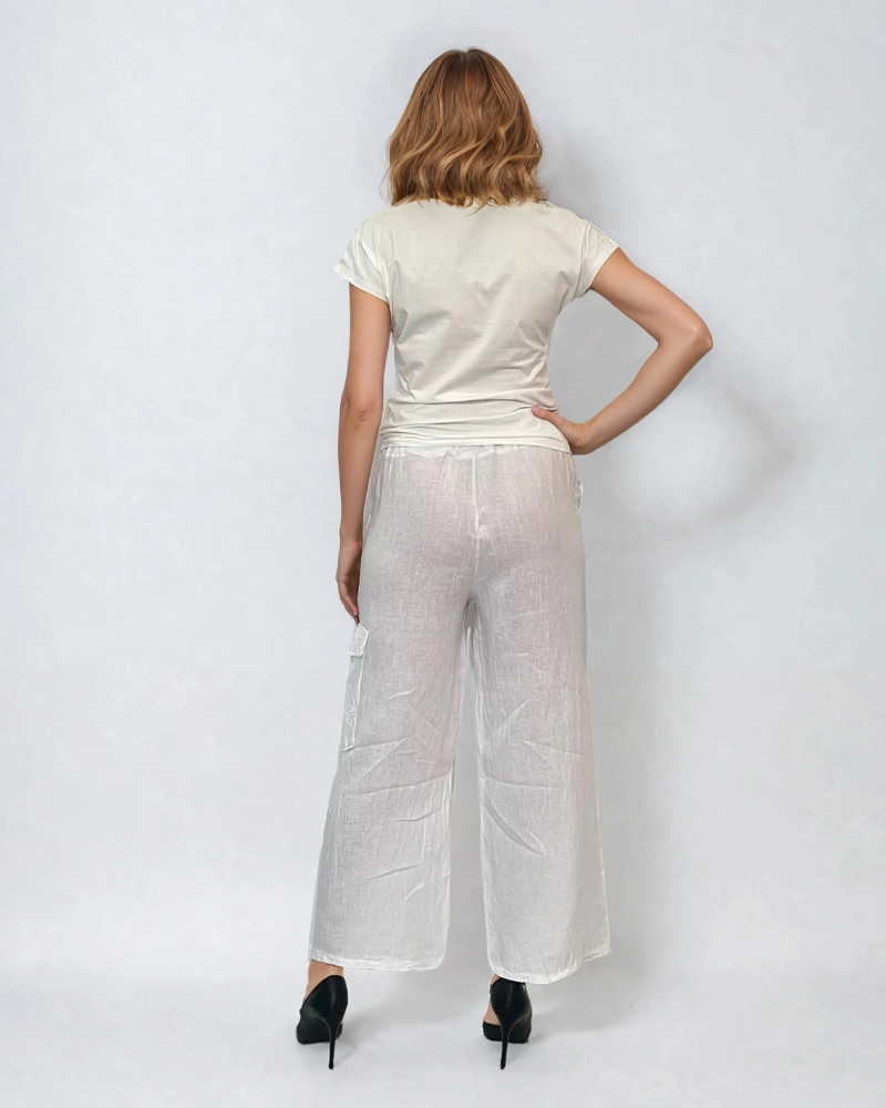Pantaloni in cu legatura pe picior-Alb 