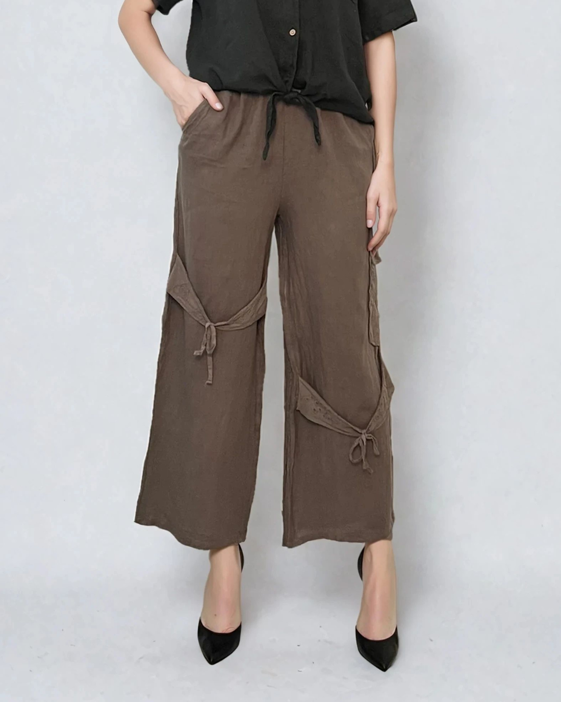 Pantaloni in cu legatura pe picior-Grej 