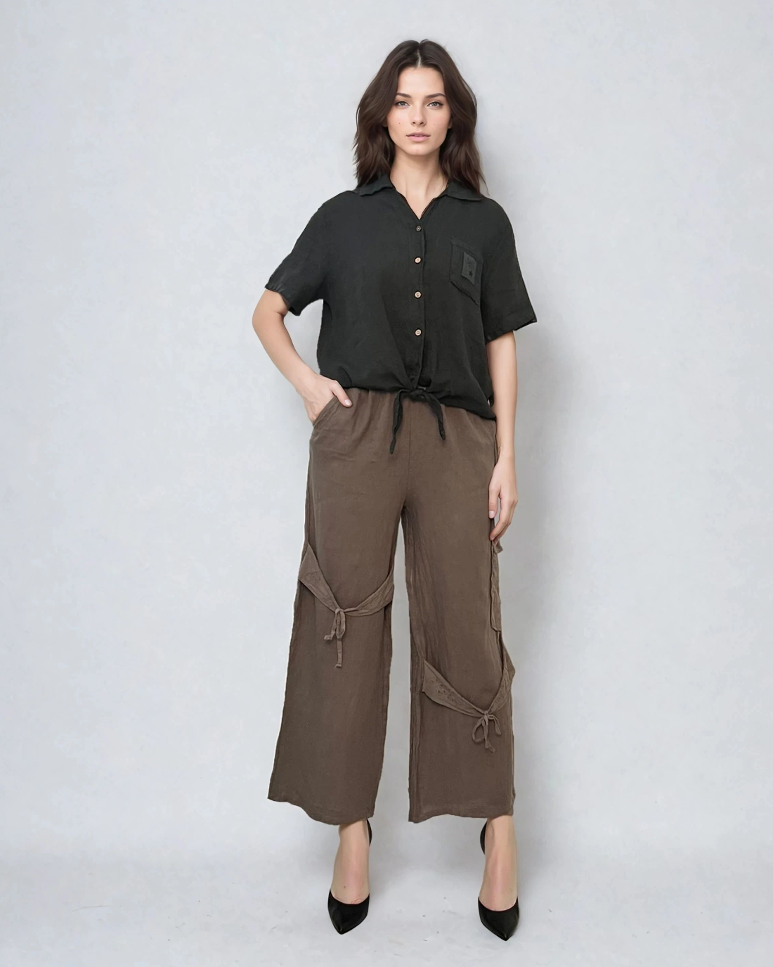 Pantaloni in cu legatura pe picior-Grej 