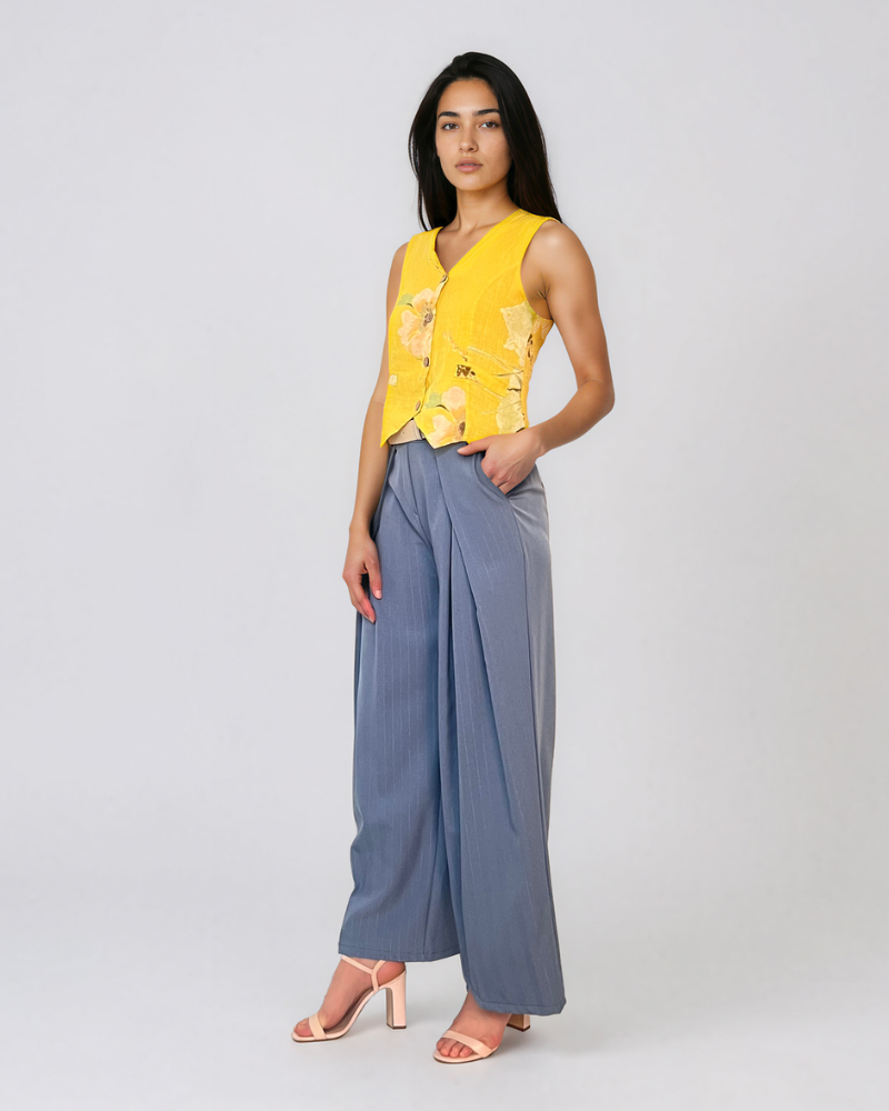 Pantaloni largi cu dungi și pense albastru HL082