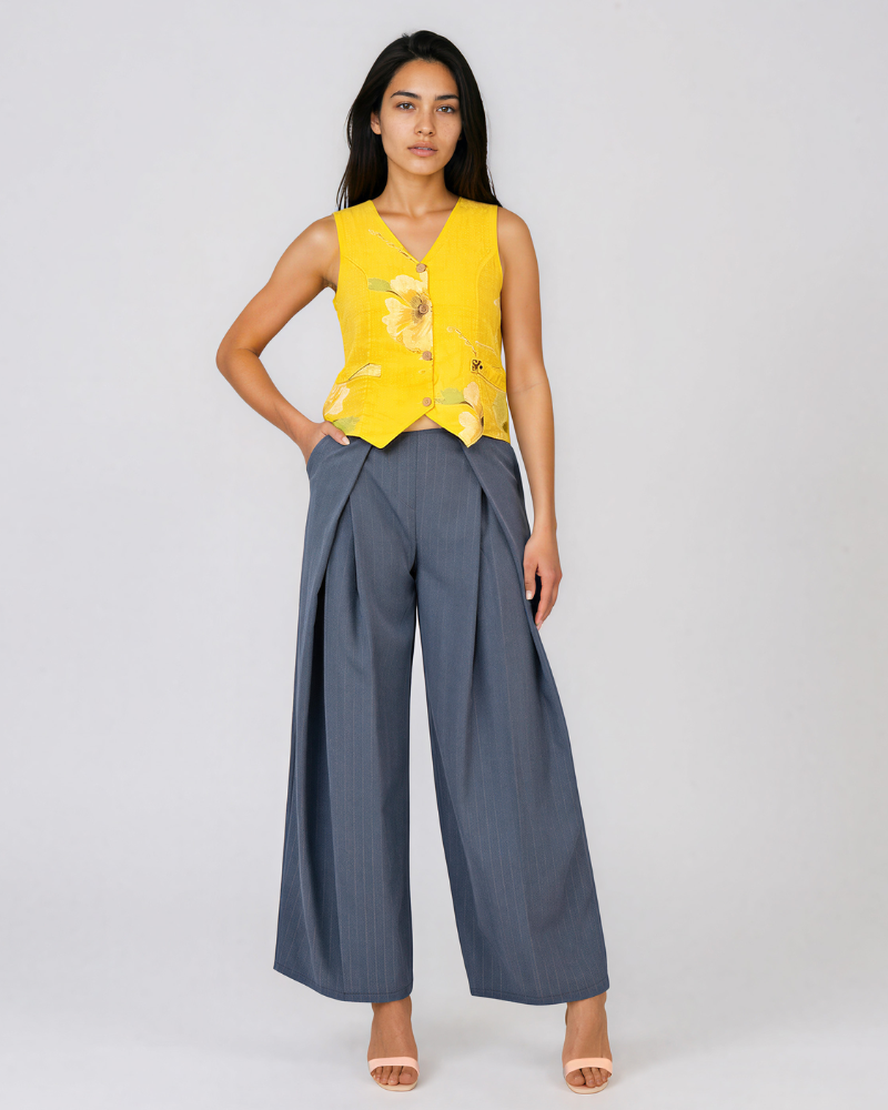 Pantaloni largi cu dungi și pense albastru HL082