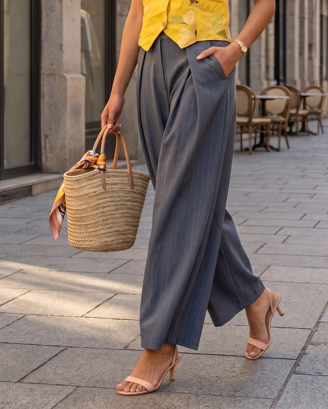 Pantaloni largi cu dungi și pense albastru HL082