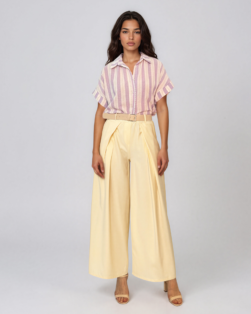 Pantaloni largi cu dungi și pense galben HL082