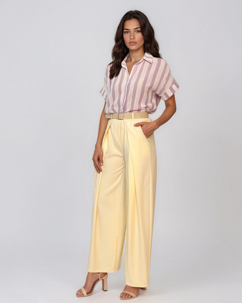 Pantaloni largi cu dungi și pense galben HL082