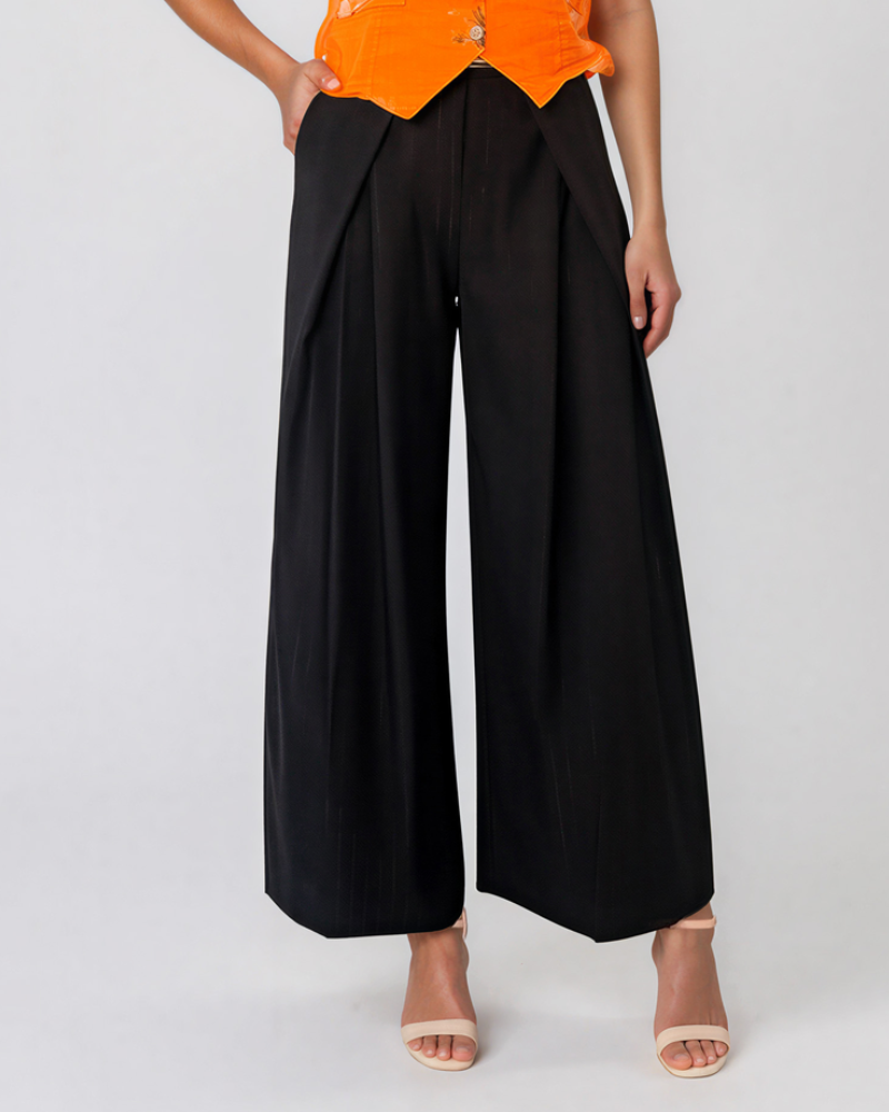 Pantaloni largi cu dungi și pense negru HL082