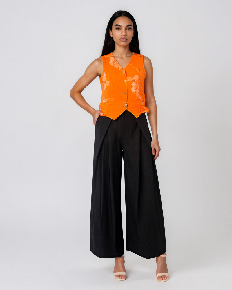 Pantaloni largi cu dungi și pense negru HL082