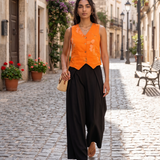 Pantaloni largi cu dungi și pense negru HL082