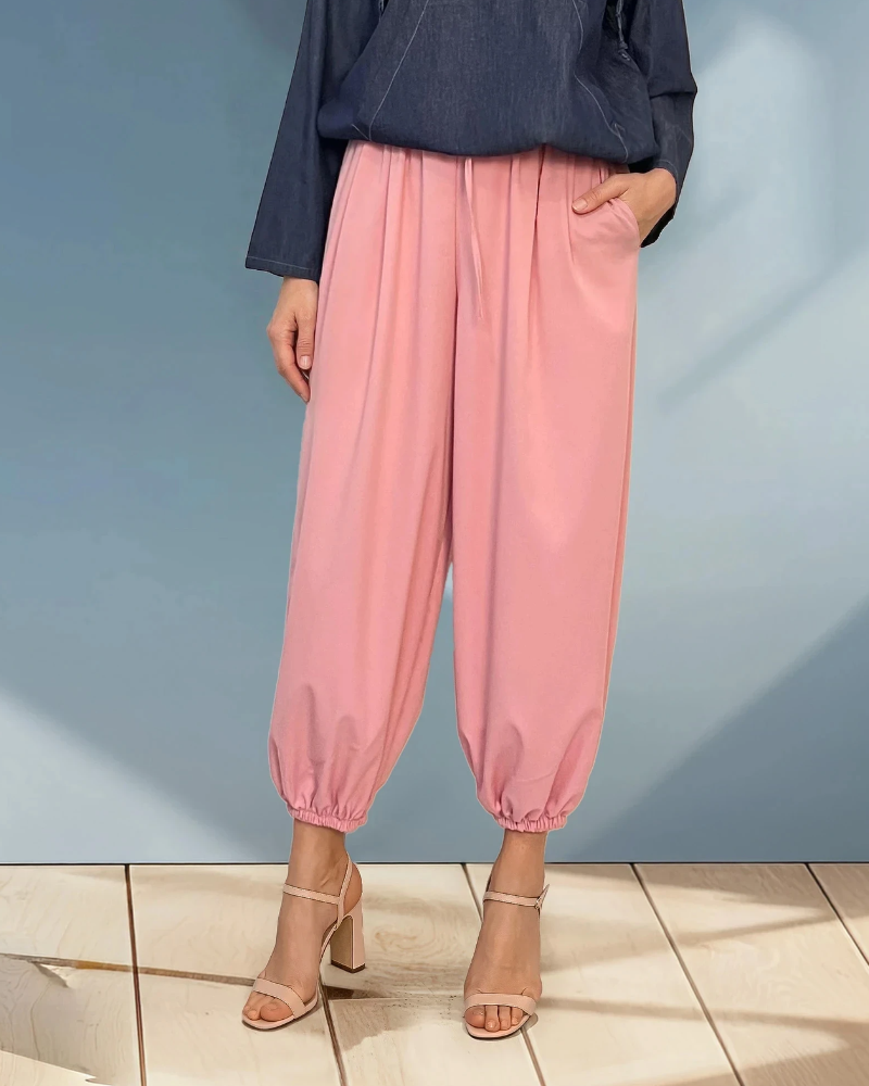 Pantaloni largi cu elastic jos roz 