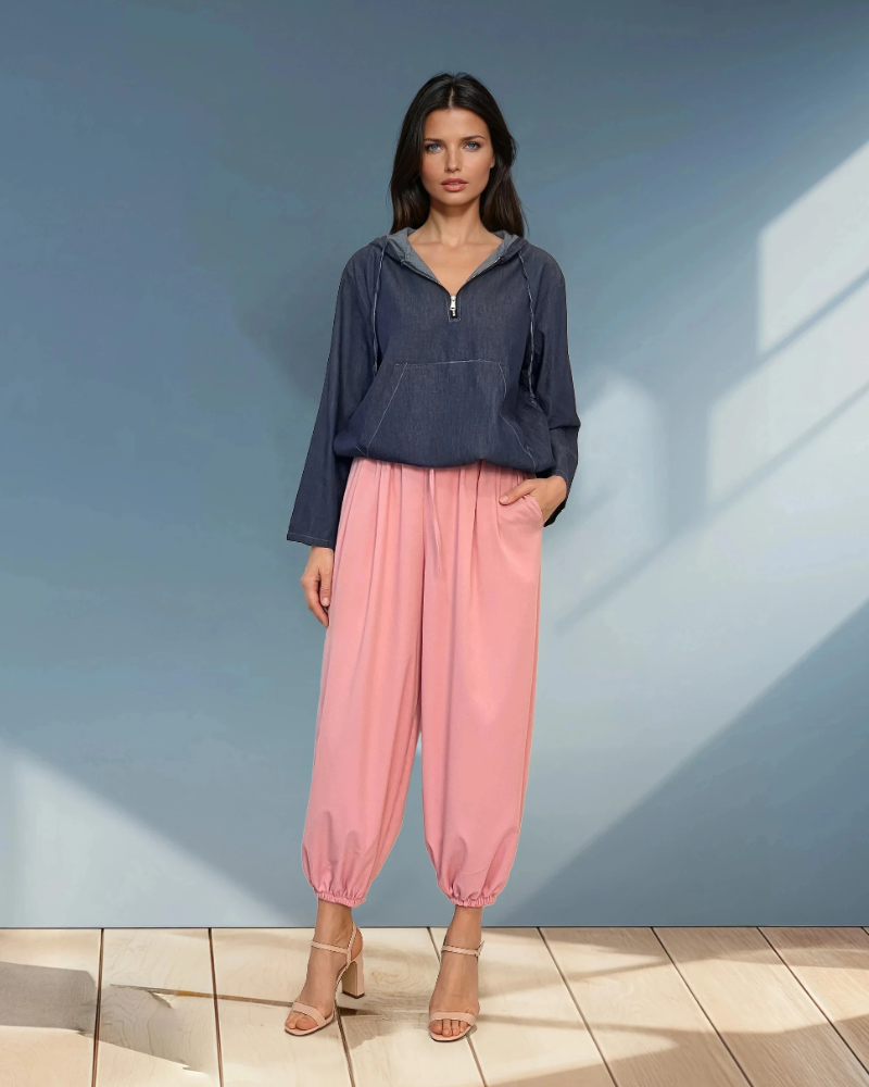 Pantaloni largi cu elastic jos roz 