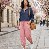 Pantaloni largi cu elastic jos roz 