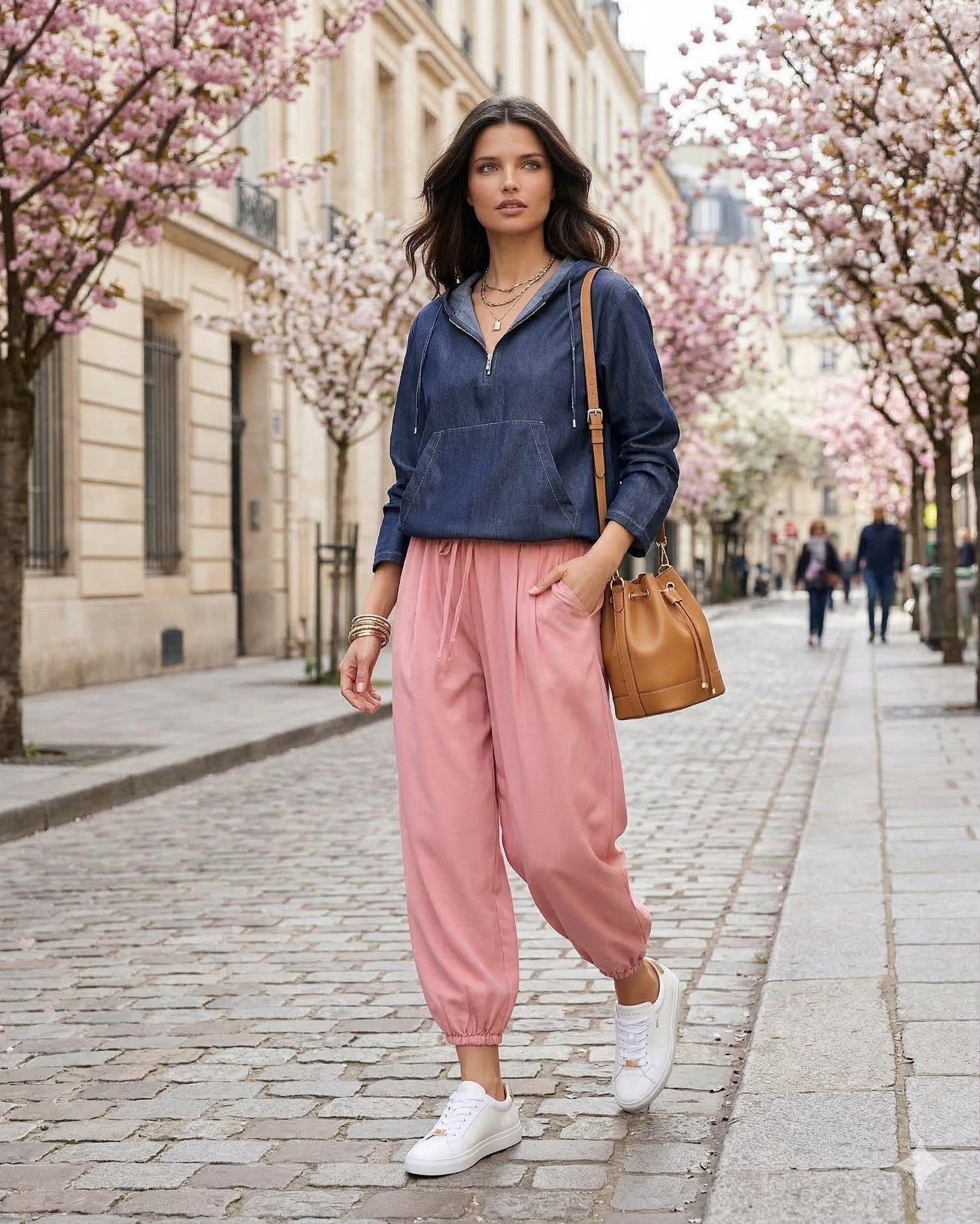 Pantaloni largi cu elastic jos roz 