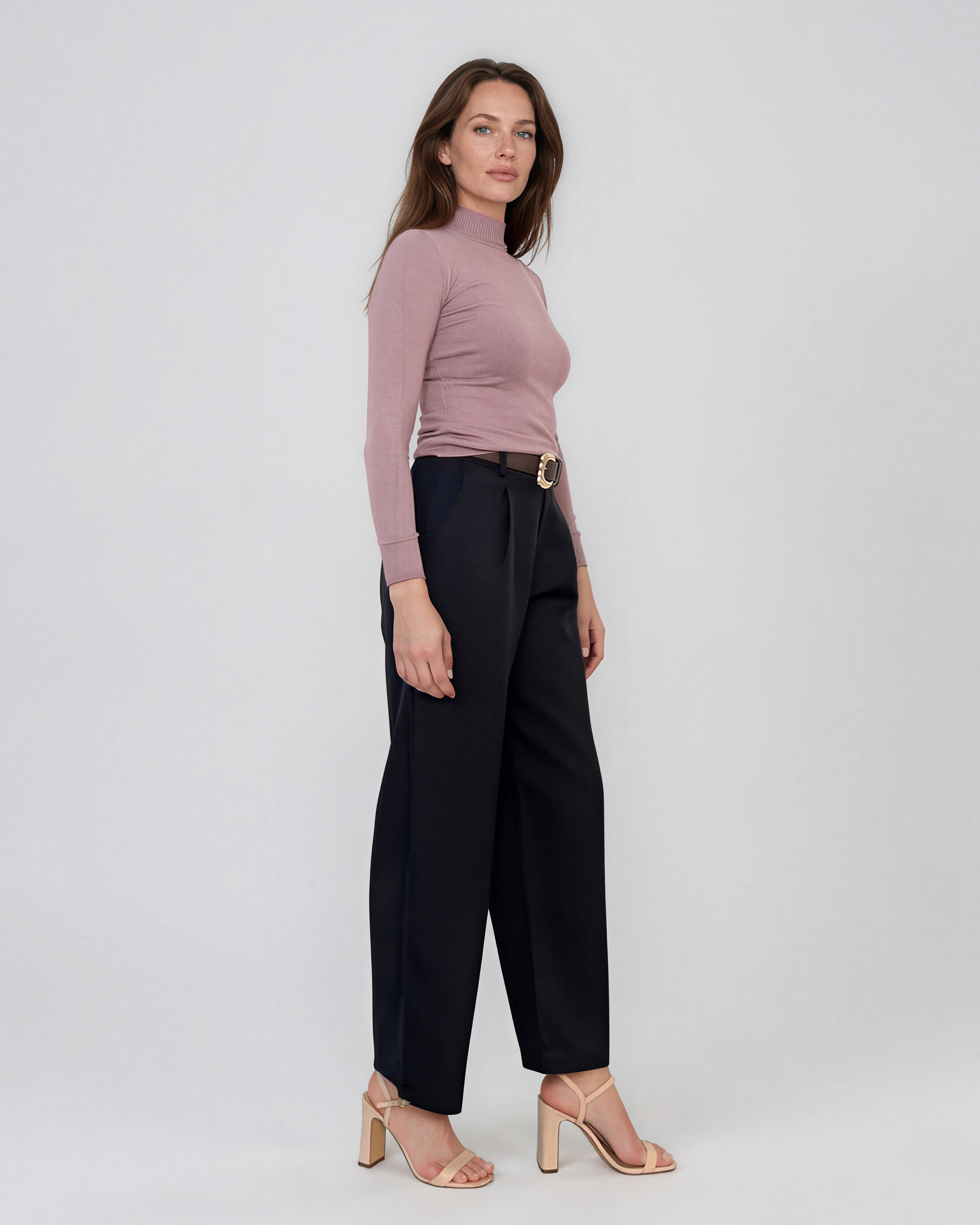 Pantaloni largi cu pense şi talie înaltă bleumarin PN091