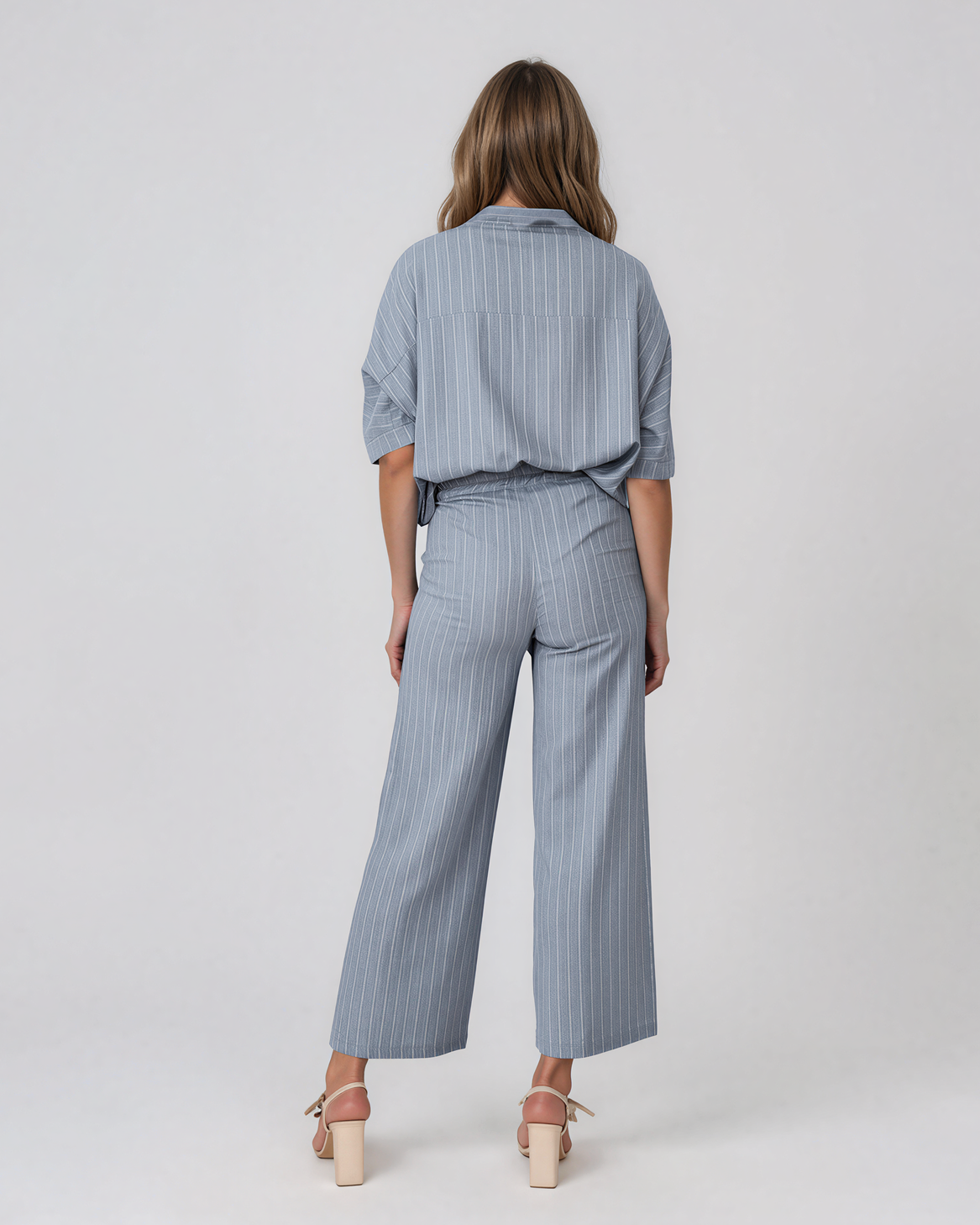 Pantaloni largi din vâscoză și in cu dungi și talie elastică bleu HL178