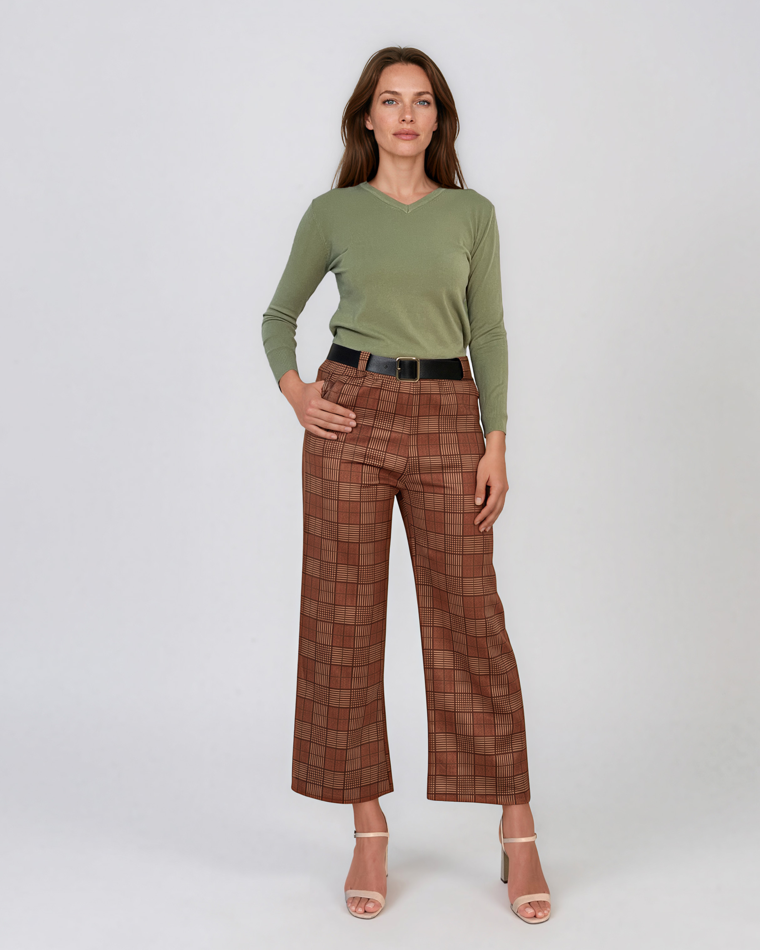 Pantaloni largi în carouri cu curea și buzunare caramiziu HL222