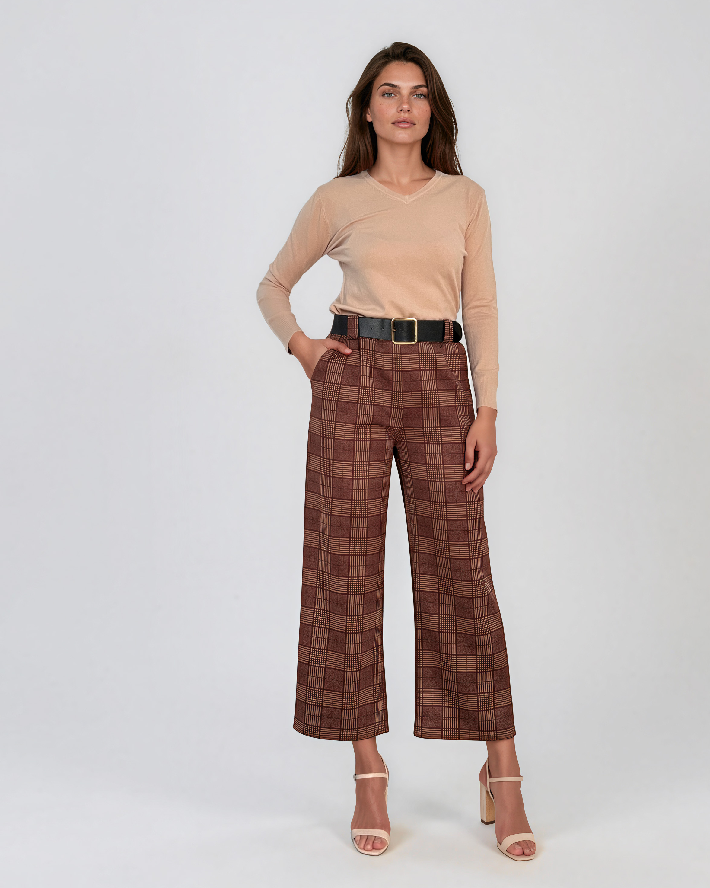 Pantaloni largi în carouri cu curea și buzunare maro HL222