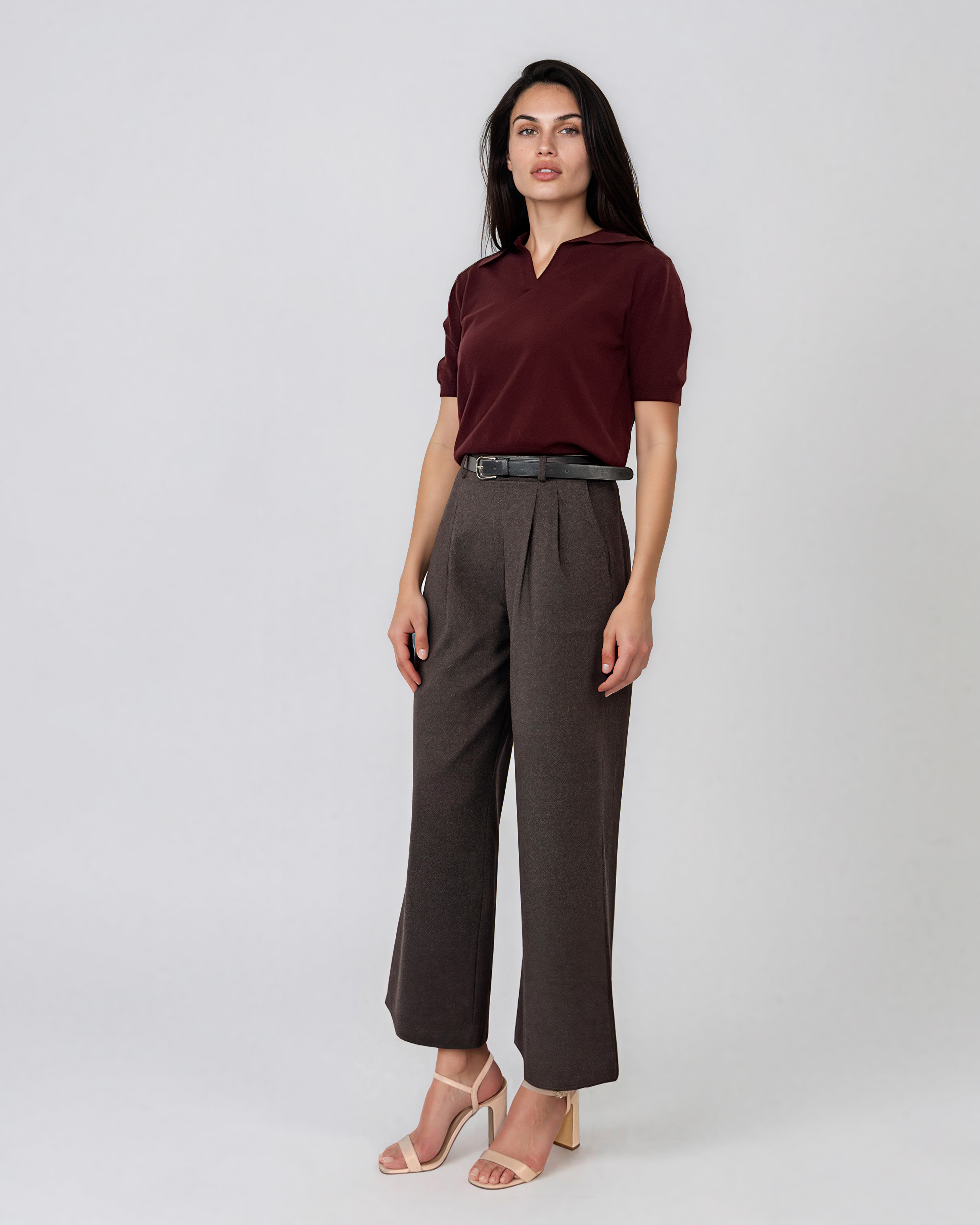 Pantaloni largi melanj cu pense maro PN090