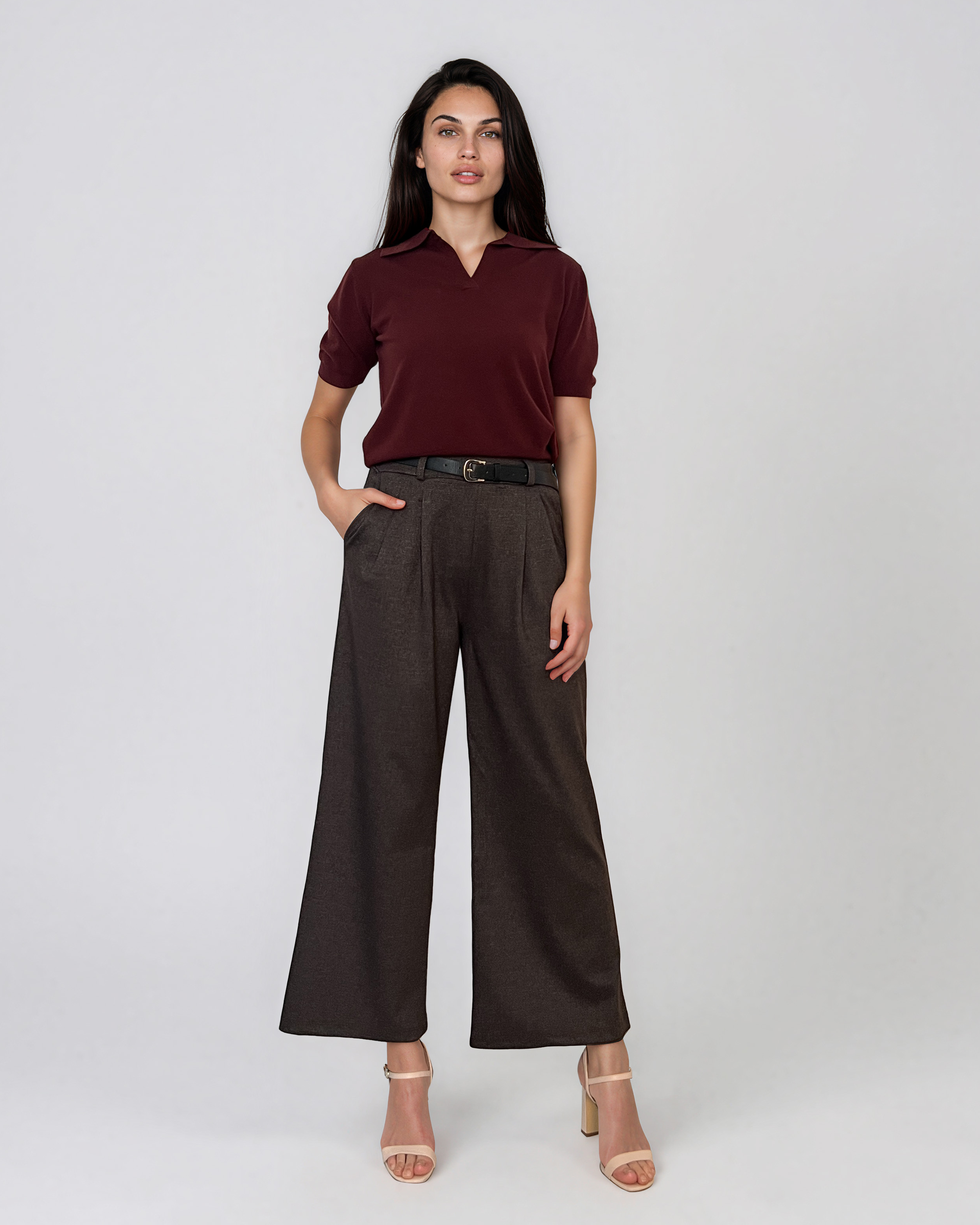 Pantaloni largi melanj cu pense maro PN090