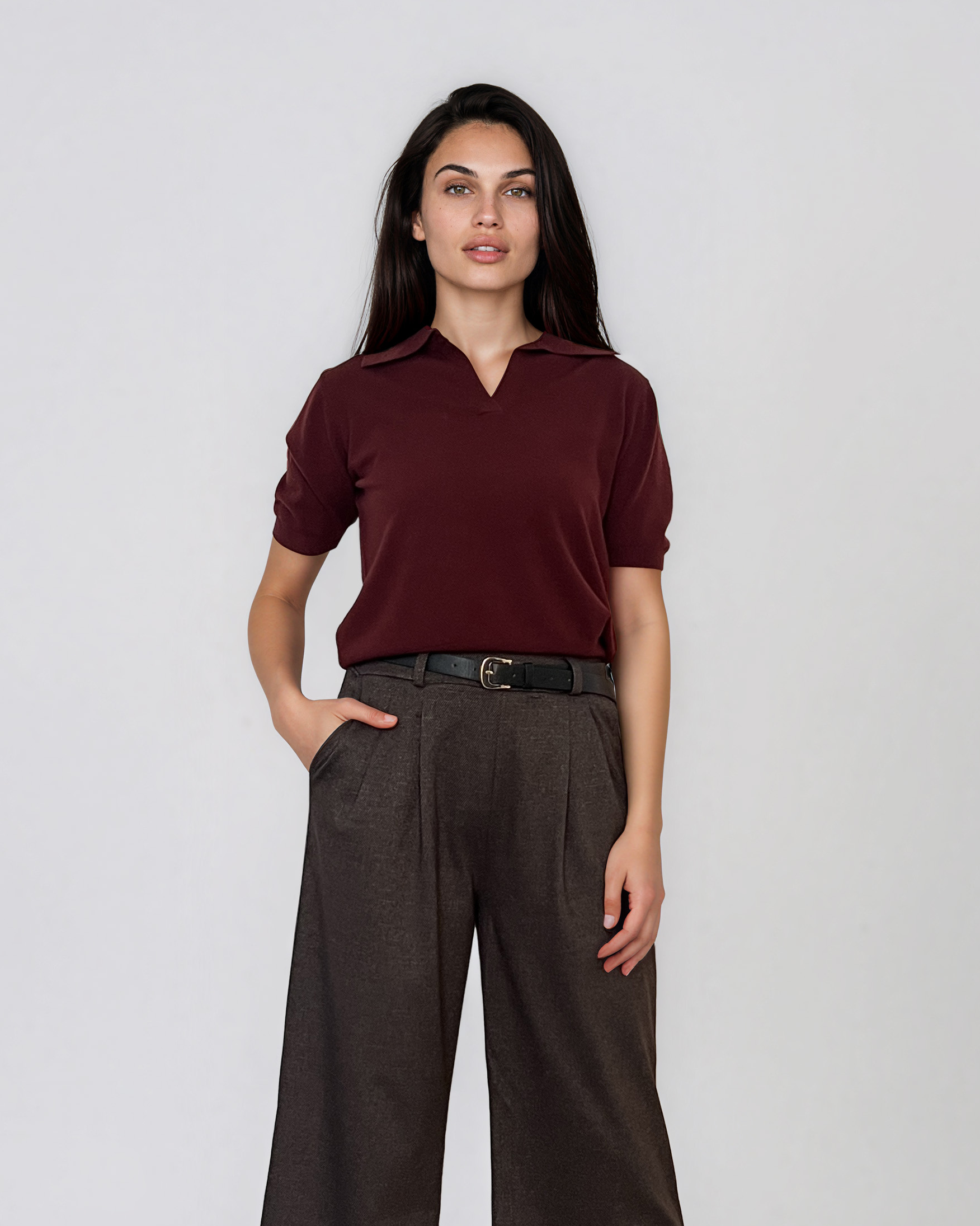 Pantaloni largi melanj cu pense maro PN090