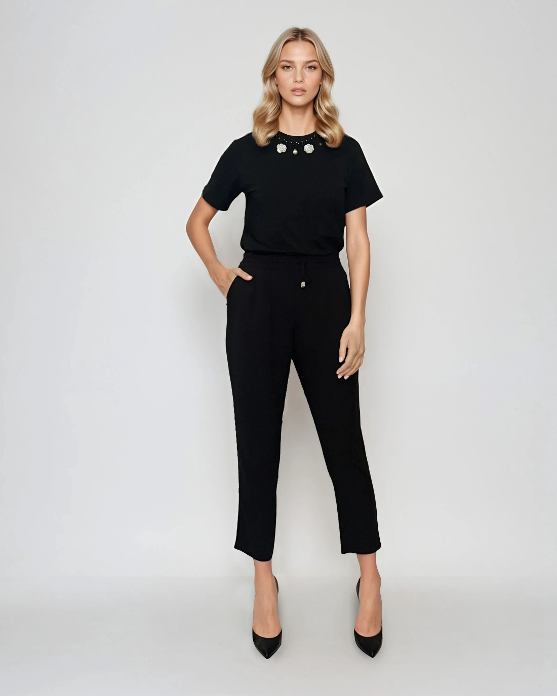 Pantaloni lungi conici din bumbac cu buzunare negru 
