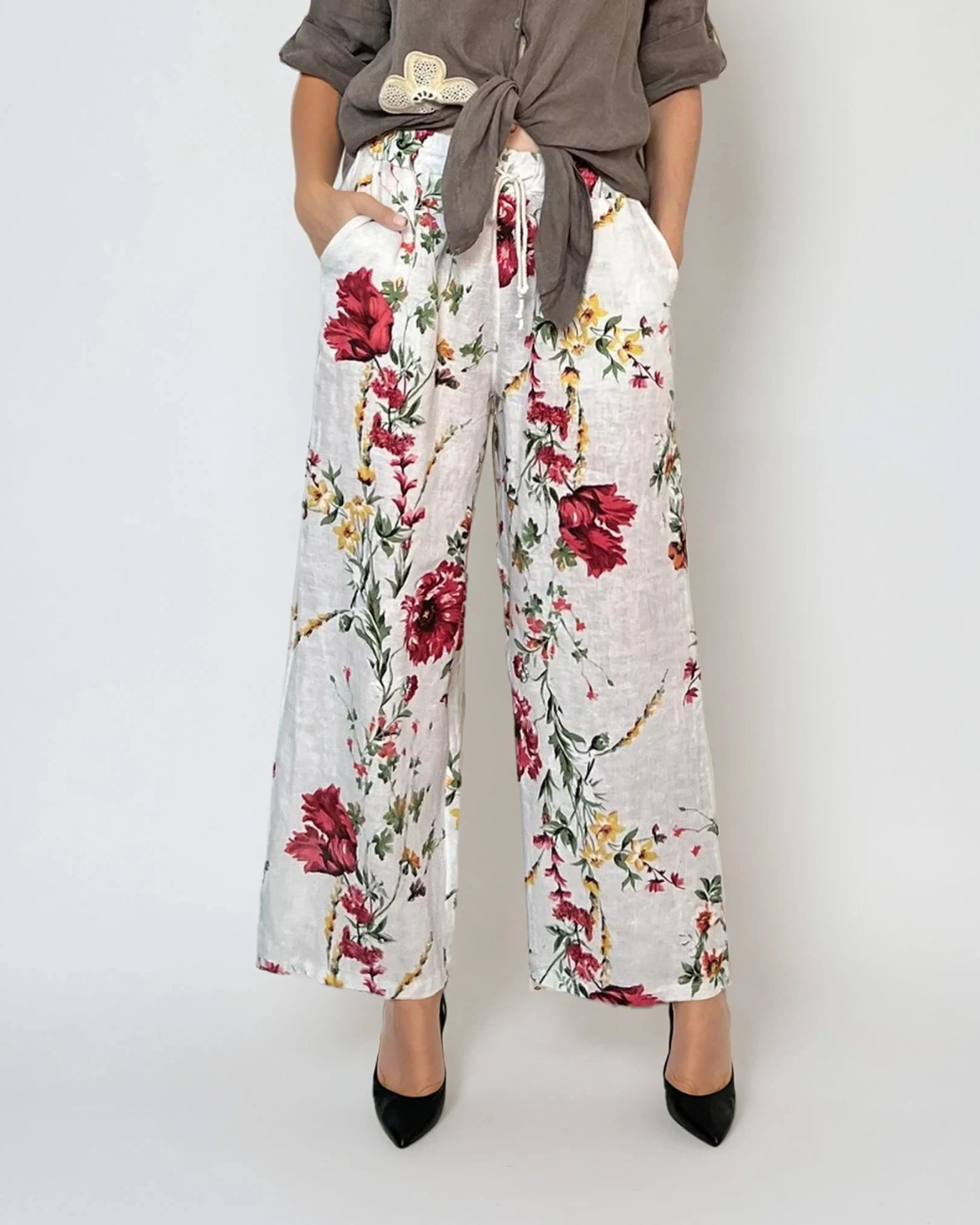 Pantaloni lungi cu print floral și buzunare alb 