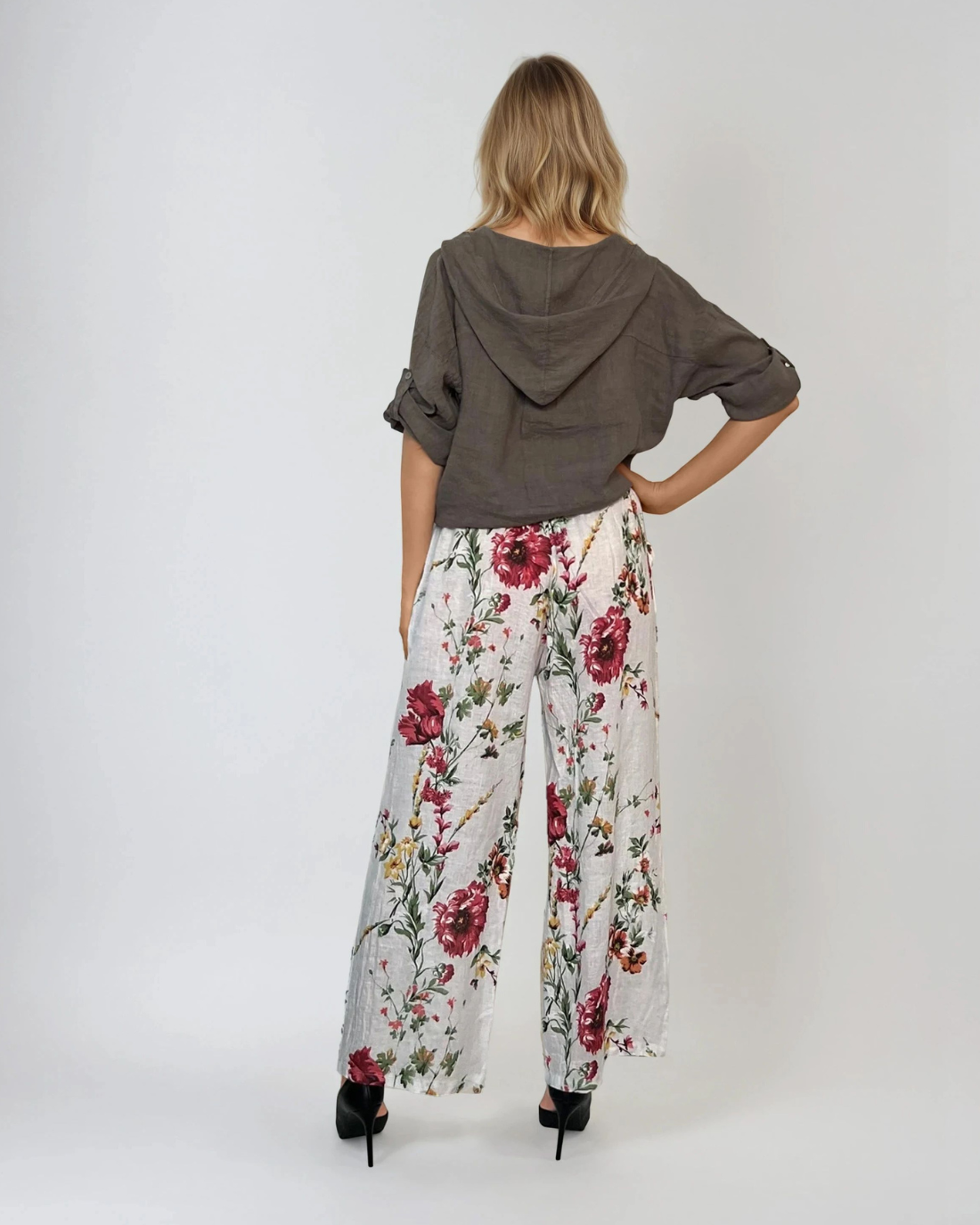 Pantaloni lungi cu print floral și buzunare alb 