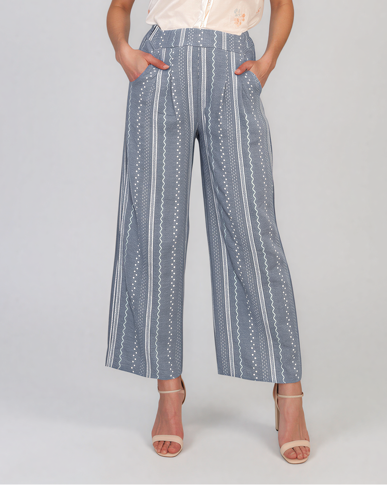 Pantaloni lungi din bumbac cu motive tradiționale aqua HL124