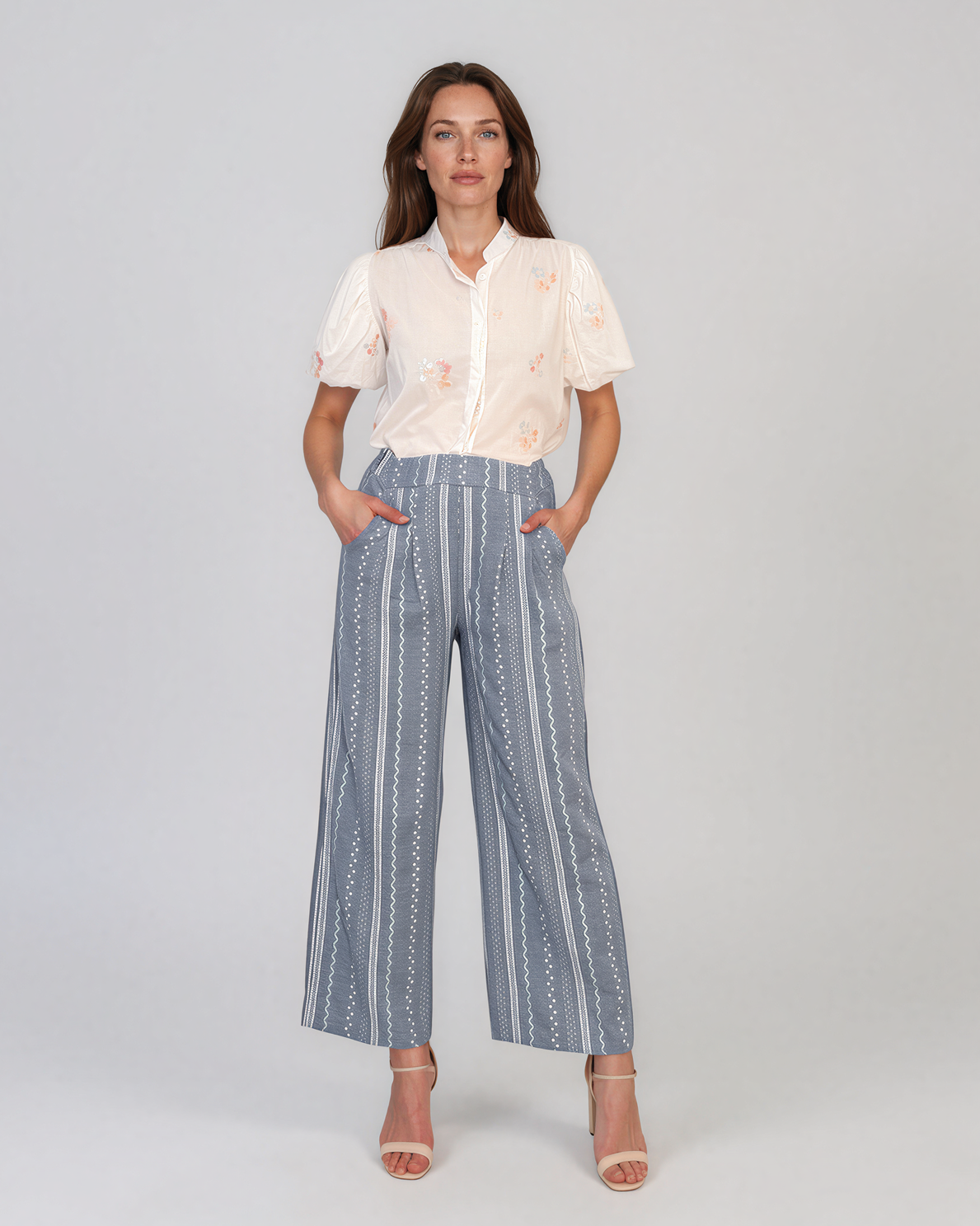 Pantaloni lungi din bumbac cu motive tradiționale aqua HL124