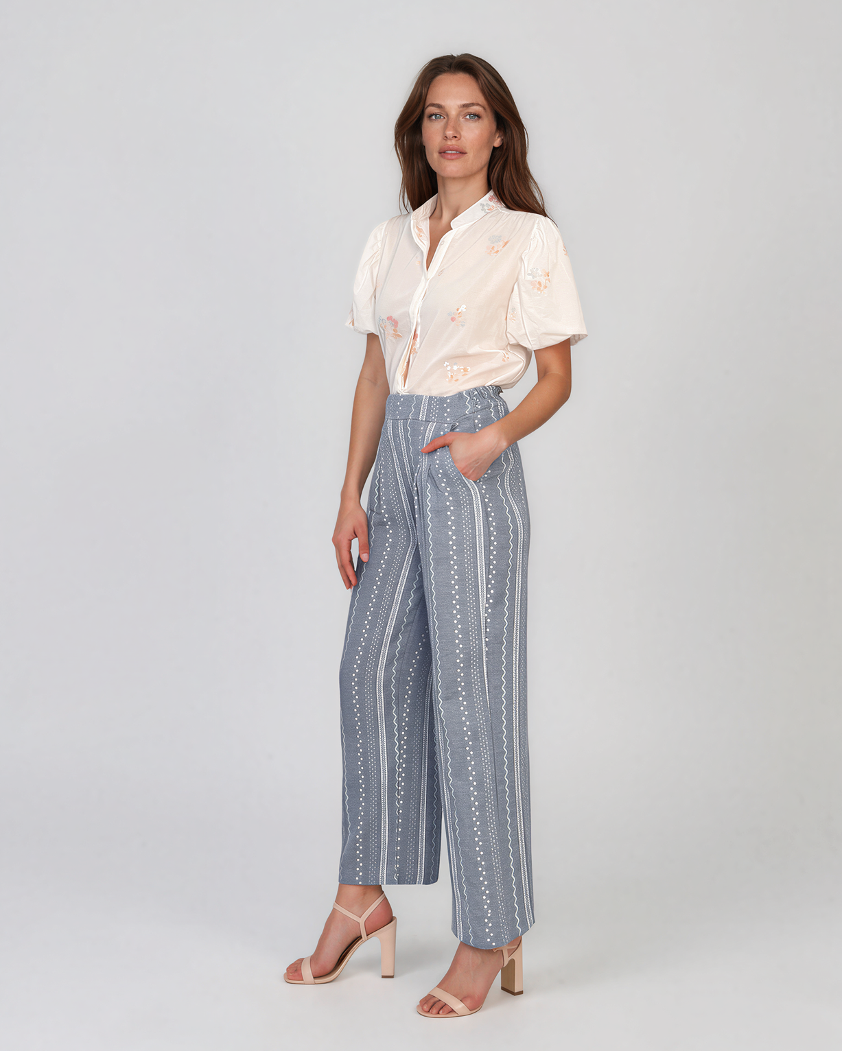 Pantaloni lungi din bumbac cu motive tradiționale aqua HL124