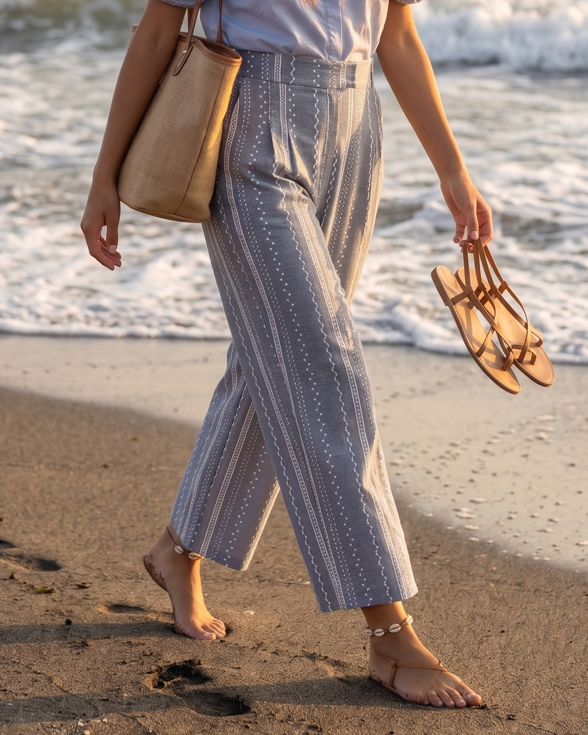 Pantaloni lungi din bumbac cu motive tradiționale bleu HL124