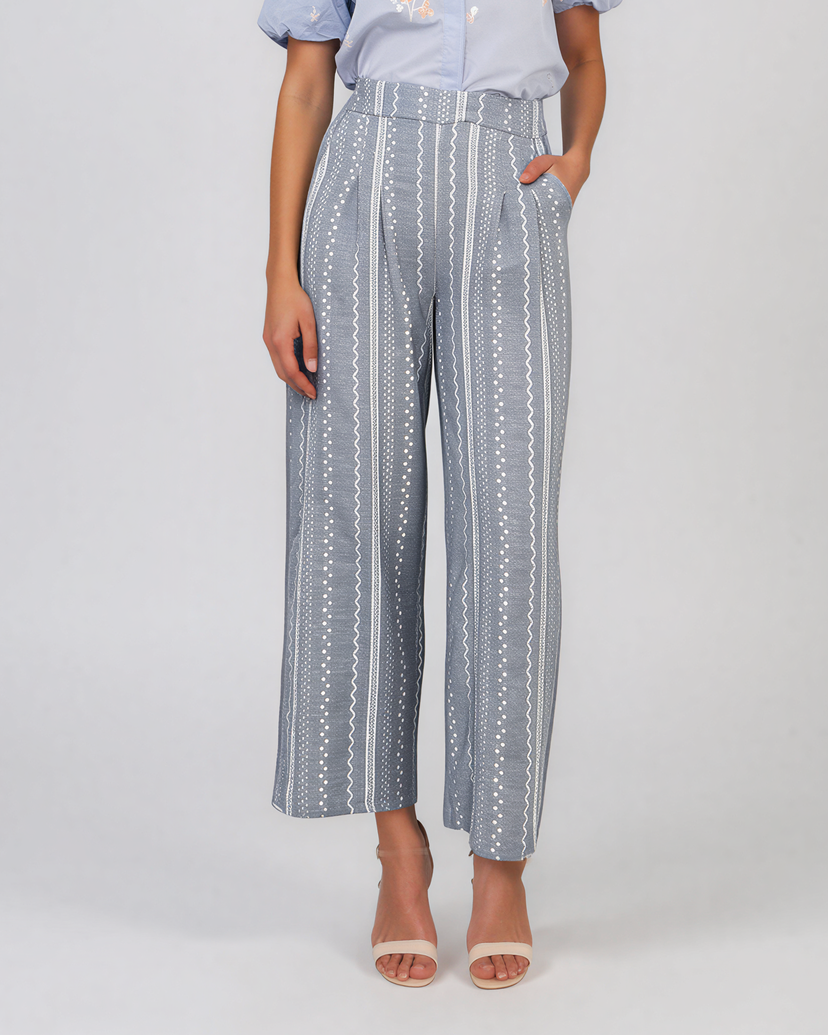 Pantaloni lungi din bumbac cu motive tradiționale bleu HL124