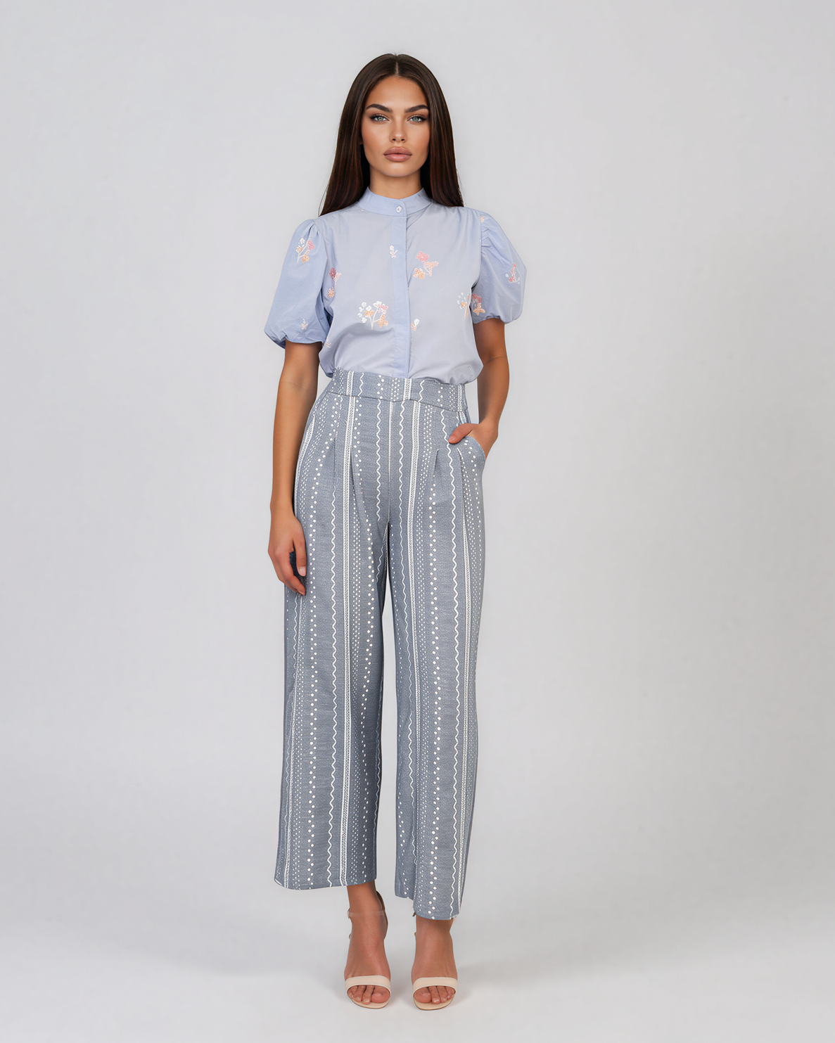 Pantaloni lungi din bumbac cu motive tradiționale bleu HL124