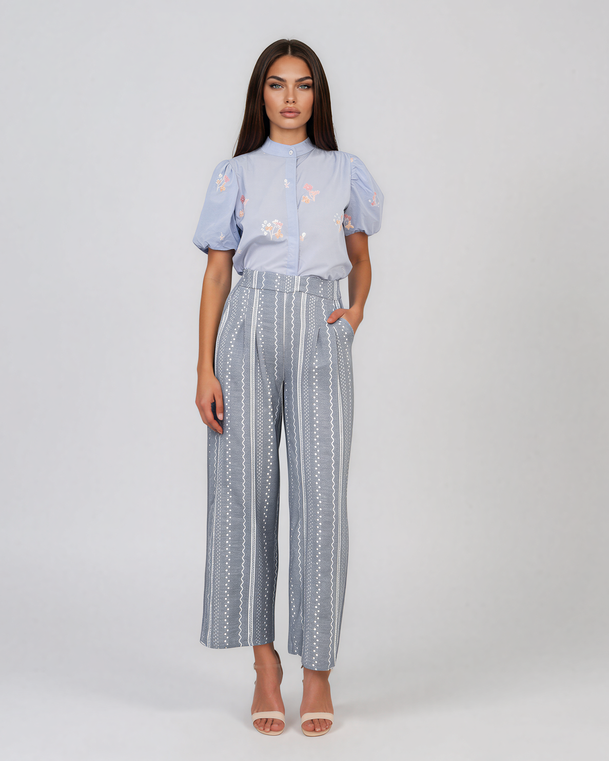 Pantaloni lungi din bumbac cu motive tradiționale bleu HL124