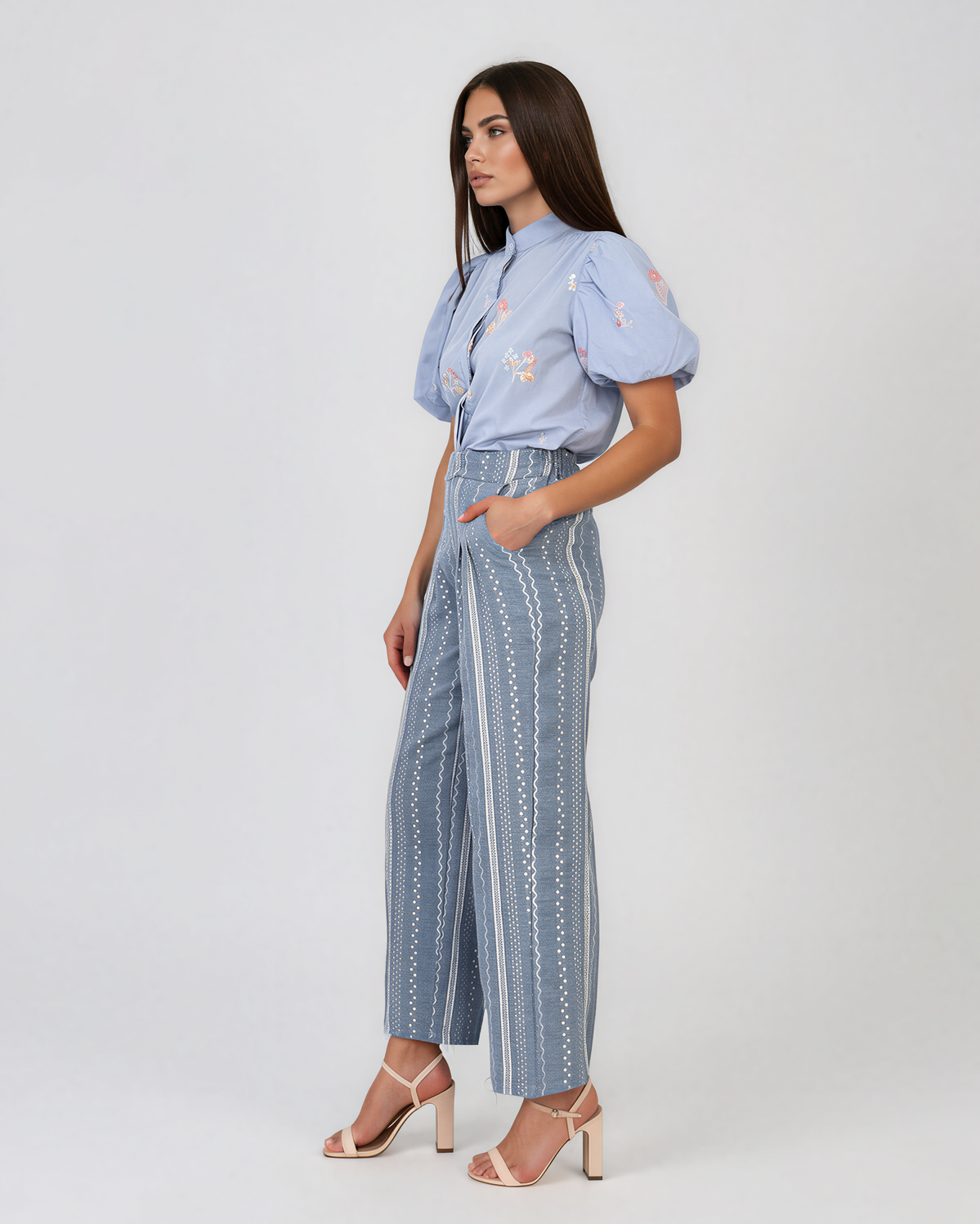 Pantaloni lungi din bumbac cu motive tradiționale bleu HL124