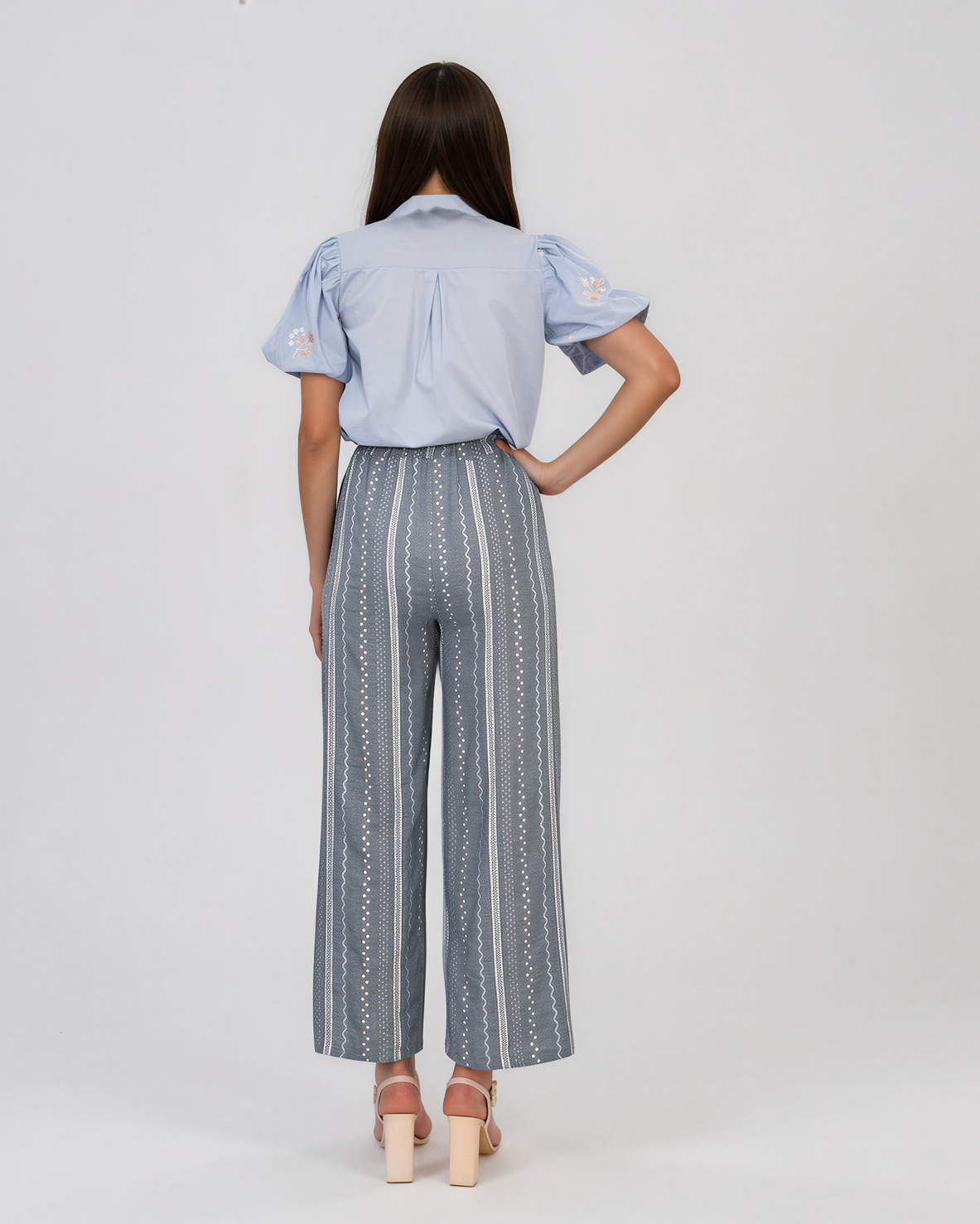 Pantaloni lungi din bumbac cu motive tradiționale bleu HL124