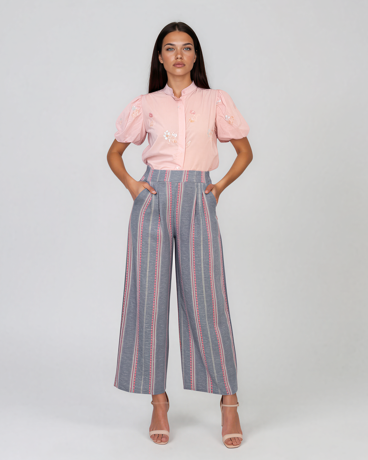 Pantaloni lungi din bumbac cu motive tradiționale roz HL124