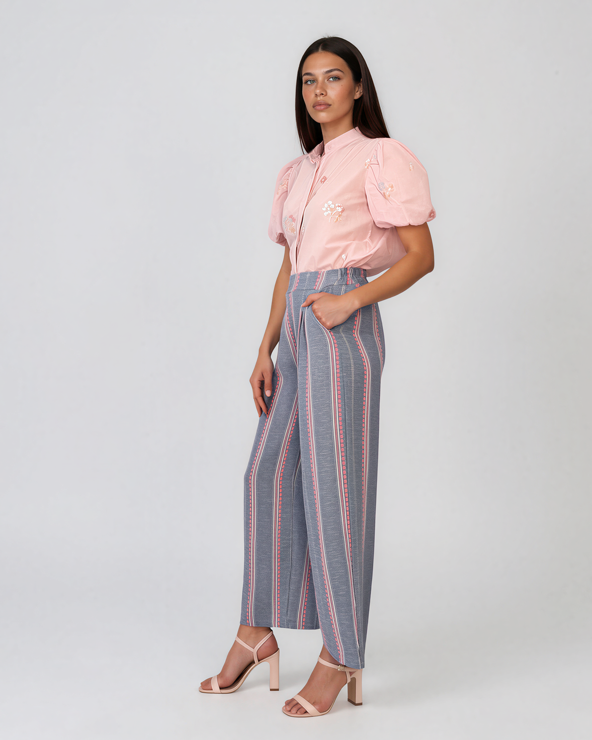 Pantaloni lungi din bumbac cu motive tradiționale roz HL124
