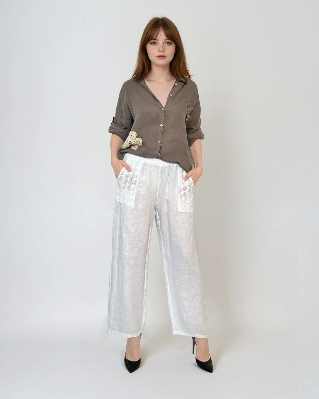 Pantaloni lungi din in cu buzunare croșetate alb 