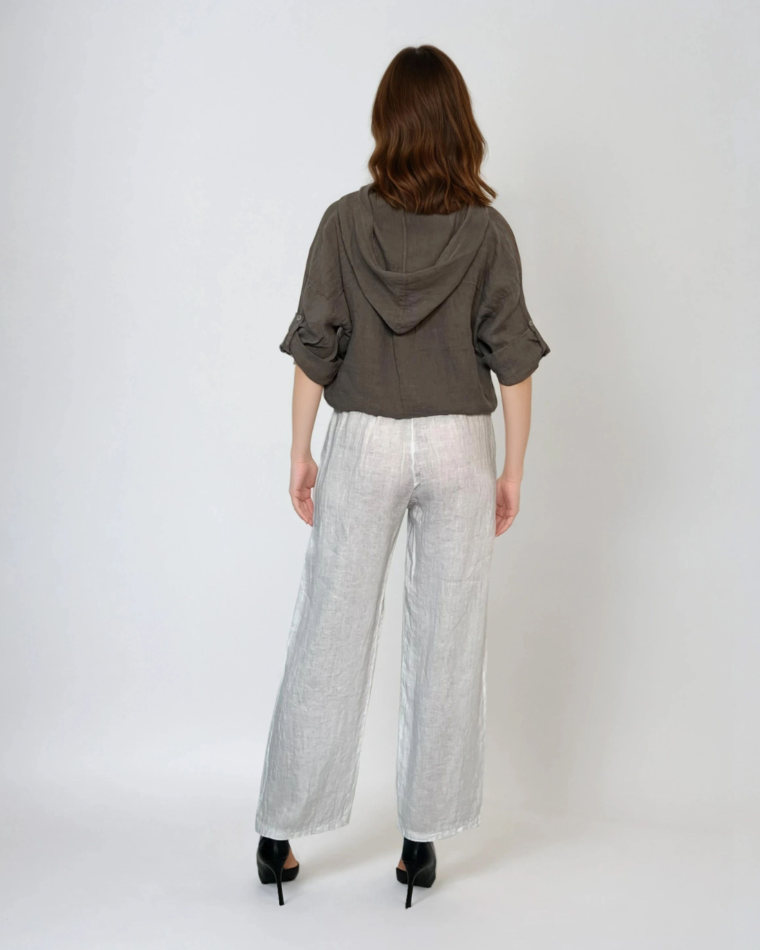 Pantaloni lungi din in cu buzunare croșetate alb 